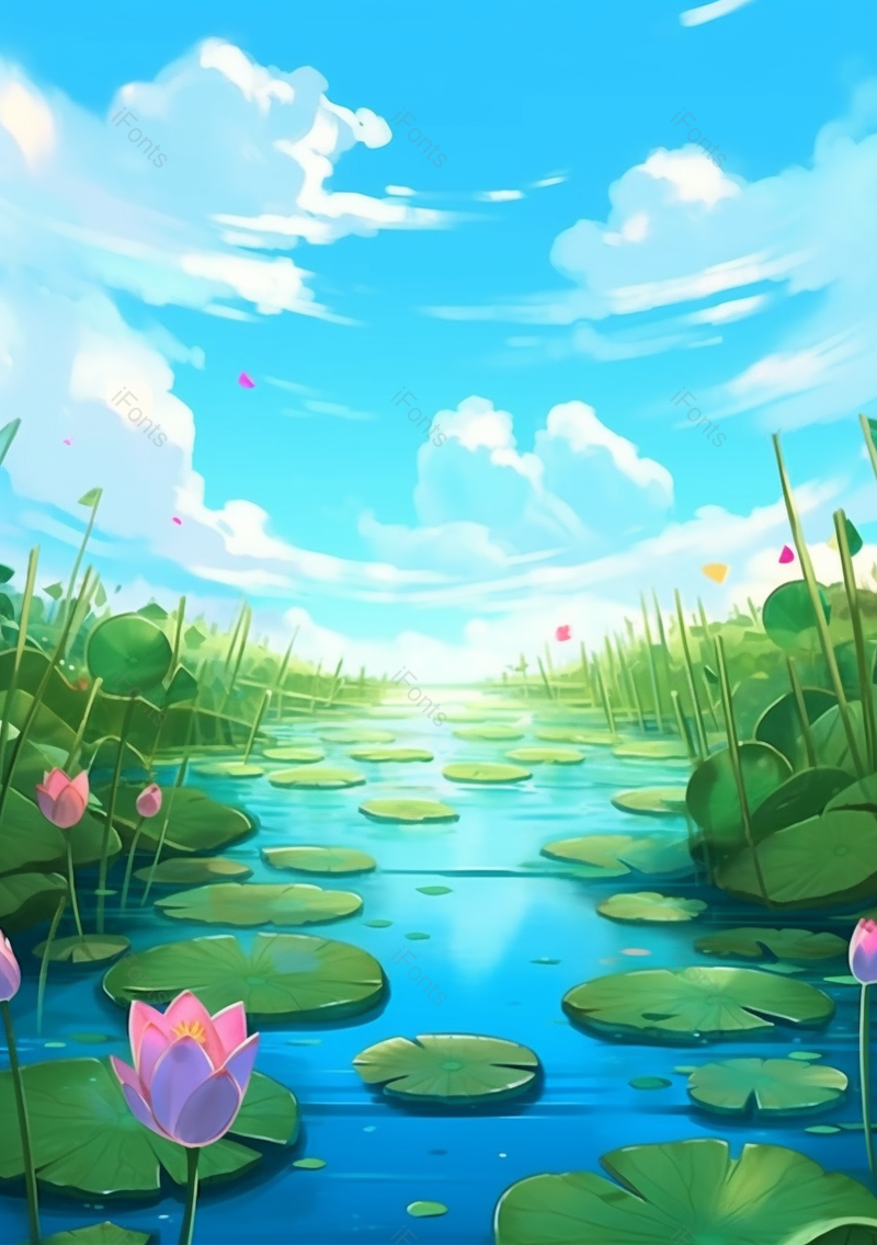 白云夏天荷塘人物插画背景,插画/手绘图,插画/手绘图库,插画/手绘图下载,插画/手绘